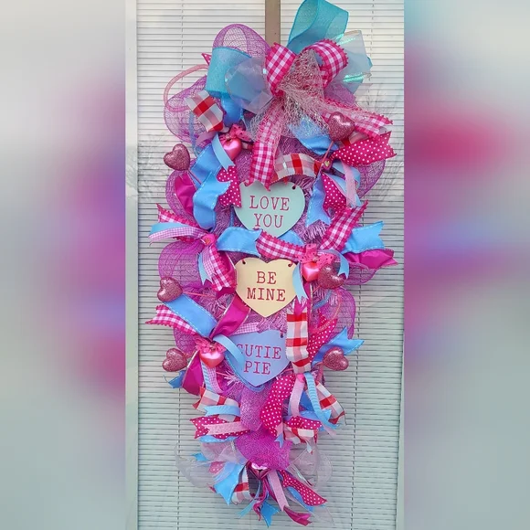 New, handmade XL Valentine's swag/Wreath Pink and Teal - Picture 2 of 3